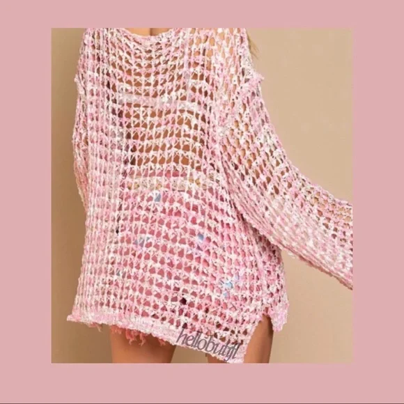 POL Pink Cream Fishnet Sweater Loose Knit Fishnet Tunic Sweater - Picture 6 of 14